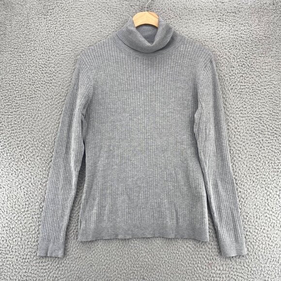 Chicos Sweater Womens 1 US Medium Gray Silk Blend Ribbed Knit Turtleneck Stretch - Picture 1 of 9